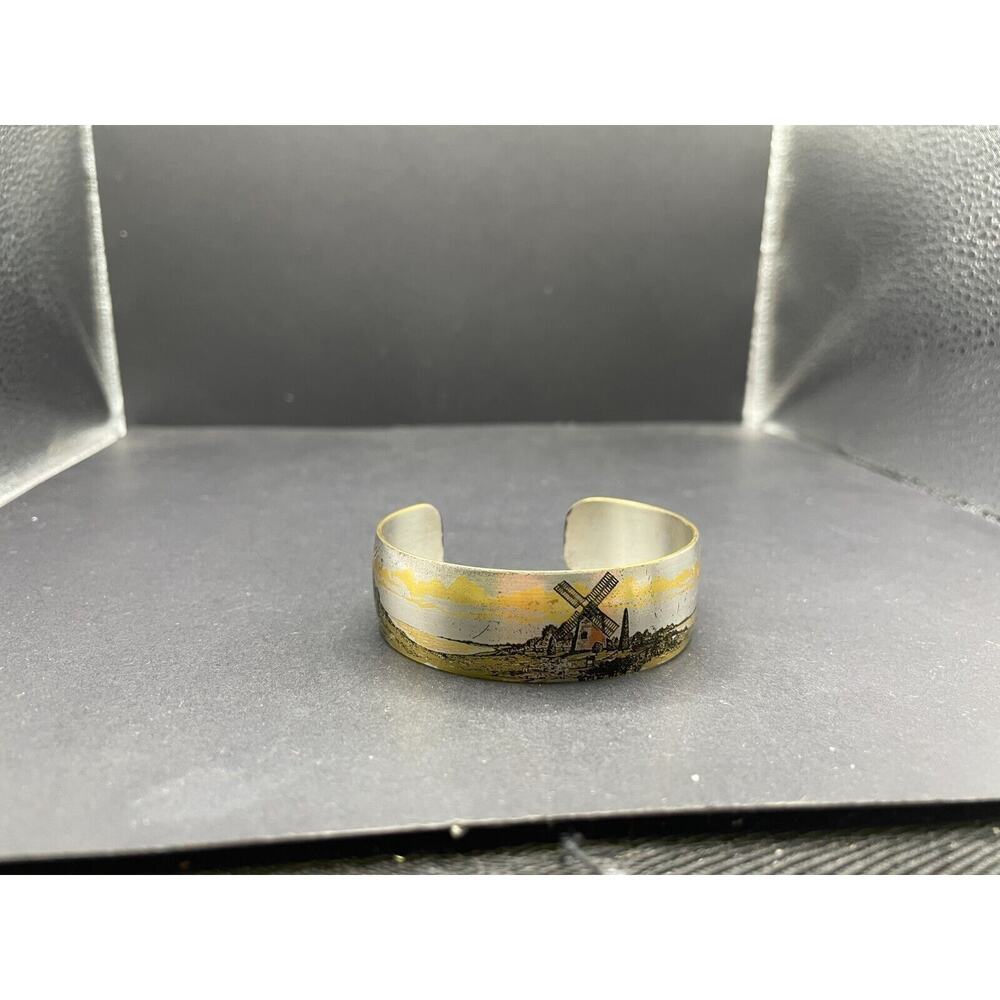 Vintage Reed &Barton Damascene Country Side Windmill Cuff Bracelet Sz 6.5-6.75"
